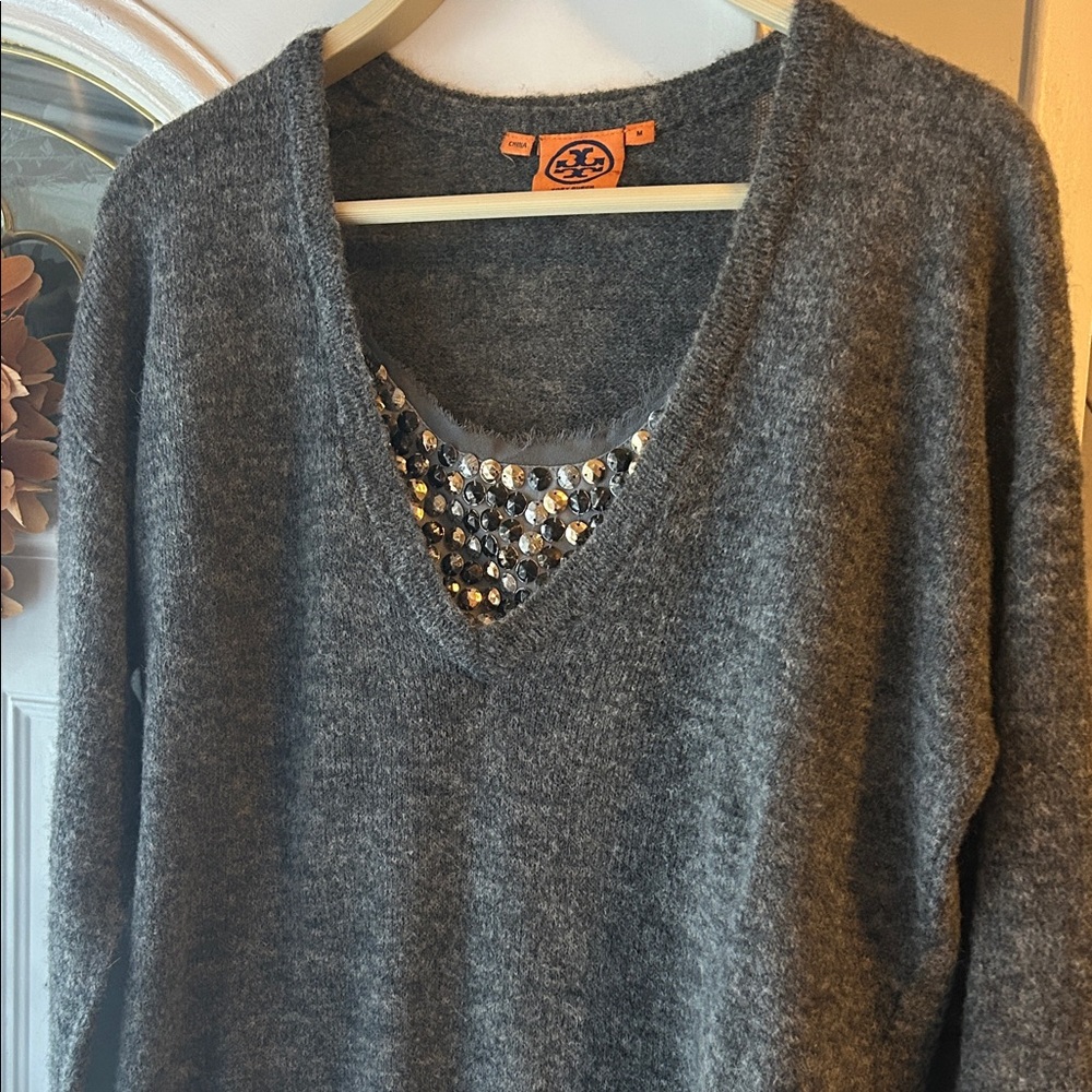Tory Burch Charcoal V-Neck Sweater